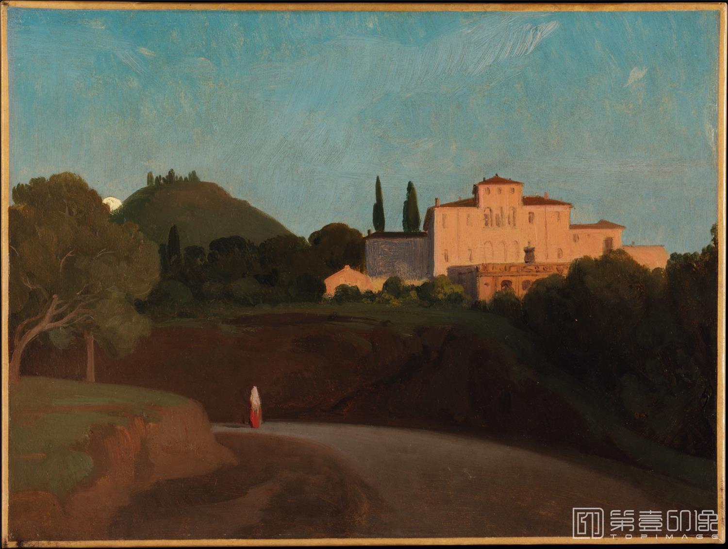 油画-美国纽约大都会美术馆油画藏画-Paul FlandrinView of the Villa Torlonia, Frascati, at Dusk-1705